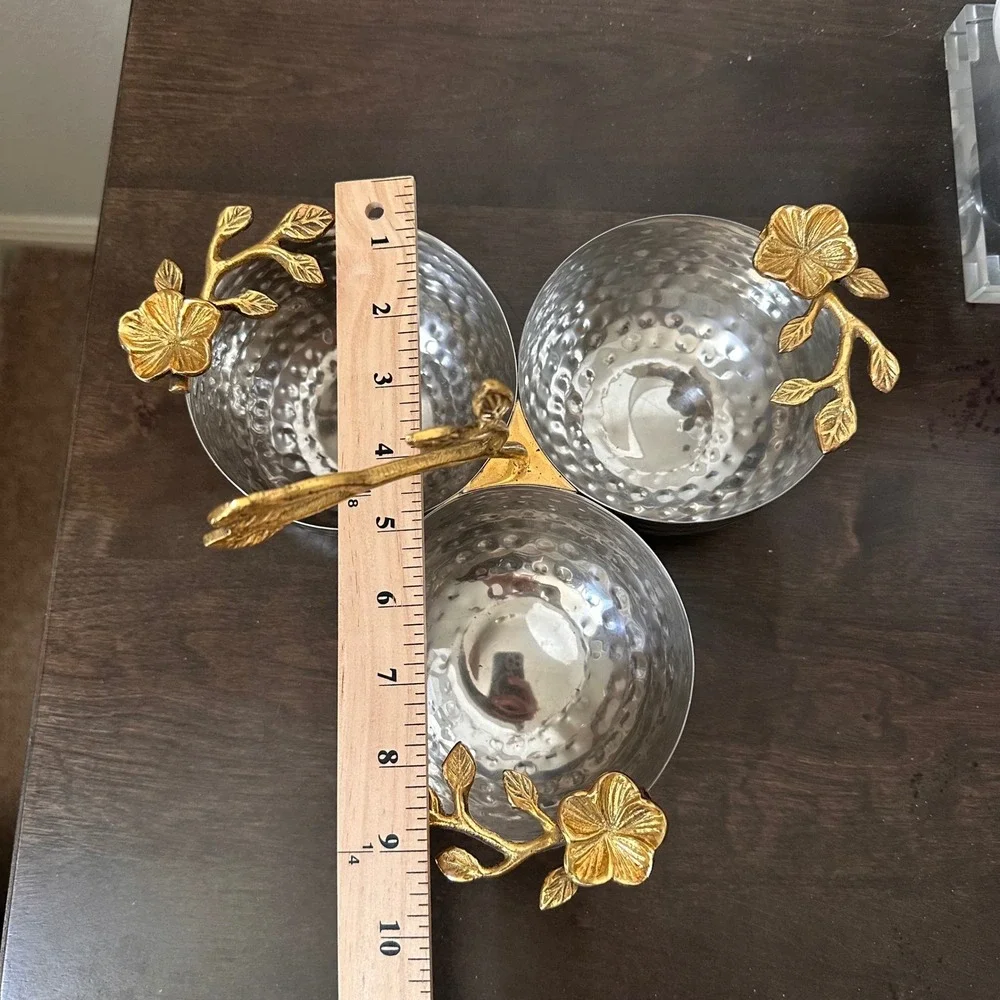 Hammered Stainless Steel 3-Bowl Condiment Server Gold Floral Branch Handle India